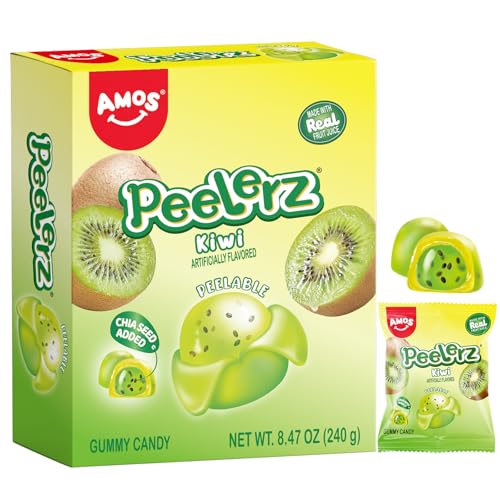 AMOS Peelerz Kiwi Gummy Candy, Peelable Fruit-Inspired Candy, 8.47oz Box with 10 Individual Packs \u2013 Playful Kiwi Snack with Chia Seeds, Made with Real Juice