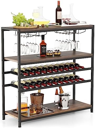 GOFLAME Industrial Wine Rack Table, Wine Bar Cabinet with 2-Tier Wine Rack, 4 Row Glass Holder and Storage Shelves, Freestanding Floor Liquor Storage Stand for Kitchen, Dining Room, Rustic Brown