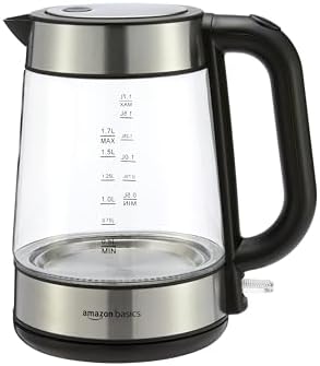 Amazon Basics Electric Kettle with Glass Carafe for Tea and Coffee, BPA-Free, Fast Boiling, Auto Shut-Off, 1.8 Quarts, 1500W, Black and Silver