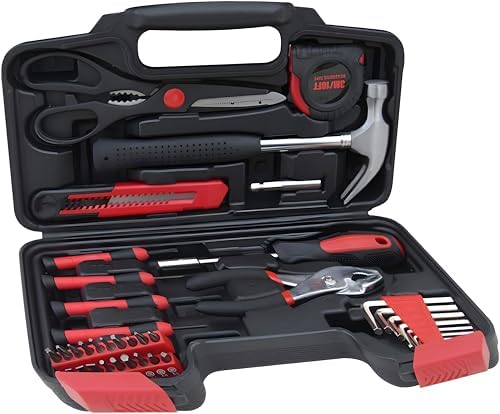HANTINSTINA 39-Piece Household Tools Kit - Comprehensive and Essential Repair Set Tools for College Students, Home Use &amp; More (39p-red)