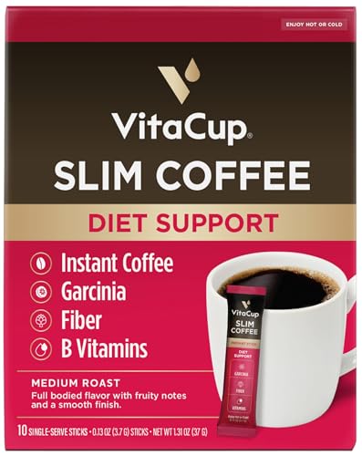 VitaCup Slim Instant Coffee Packets, with Garcinia, Fiber, B Vitamins, Bold &amp; Smooth, Medium Dark Roast, 100% Arabica Coffee in Single Serve Sticks, 10 Ct