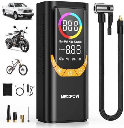 NEXPOW NP17 Portable Air Compressor, 150 PSI Digital Tire Inflator, Fast Inflation with Auto Shut-Off, LED Light, Multiple Nozzles for Car, Bike, and Ball, Compact Design, Yellow
