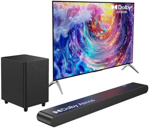 3.1CH Dolby Atmos Soundbar for Smart TV, 390w Virtual Atomos Surround Sound &amp; Wired Subwoofer, 4K HDR Passthrough, HDMI\/eARC Home Theater System