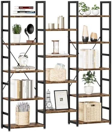 NUMENN Triple Column 5 Tier Bookshelf, Bookcase with 14 Open Display Shelves, Adjustable Rustic Industrial Style Book Shelves, Modern Bookshelves for Bedroom, Living Room and Home Office, Vintage