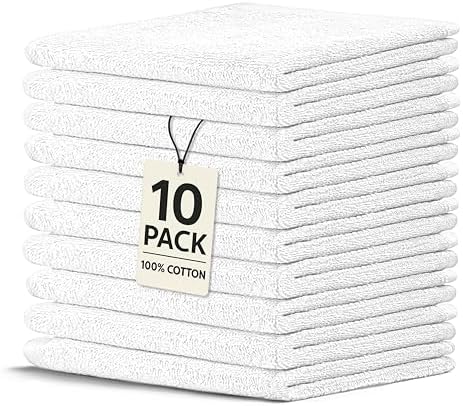 Crystal Ridge Cotton Wash Cloths 10 Pack - Washcloths for Showering, Face and Body, Soft and Highly Absorbent Multipurpose Towels for Bathroom, Kitchen, Spa and Gym - Wash Rags 12 x12 (White)
