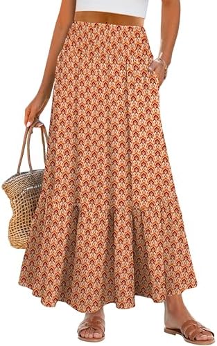 ANRABESS Maxi Skirts for Women 2025 Summer Boho Long Flowy Floral Elastic High Waist Skirt Casual Travel Skirt with Pockets