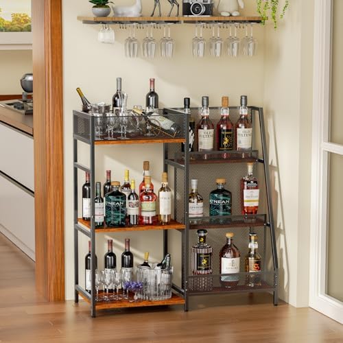 Liquor Stand, 6-Tier Stepped Bar Cabinet Freestanding Floor for Whiskey &amp; Wine Bottles, Versatile Corner Bar Stand with Fences, Mini Liquor Cabinet Perfect for Home Bar or Kitchen