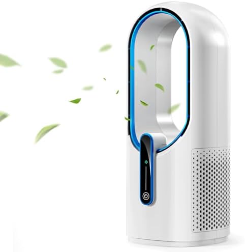 Misby Desk Fan, 11.8 Inch Portable Bladeless Fan, Small Office Rechargeable Fan with 5000mAh Battery, 3 Adjustable Speeds, Touch Control, Easy to Clean, Quiet Table Fan for Bedroom, Home (White)