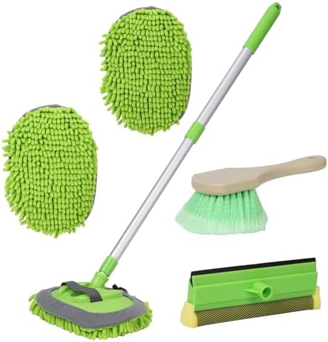 GIANT BEAR Car Wash Brush with Long Handle, 42.9&#34; Microfiber Chenille Mitt Not Hurt Paint Scratch Free Aluminum Alloy Cleaning Tool -4 in 1,Glass Window Scrabber Detail Wheel Brush