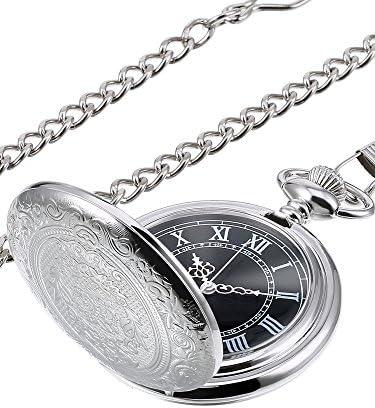 Hicarer Quartz Pocket Watch for Men with Black Dial and Chain Vintage Roman Numerals Christmas Gifts Birthday