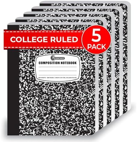 Rosmonde College Ruled Composition Notebooks 5 Pack, 200 Pages (100 Sheets), 9-3\/4&#34; x 7-1\/2&#34;, White &amp; Black Marble Composition Book, Hard Cover, Sturdy Sewn Binding, School, College &amp