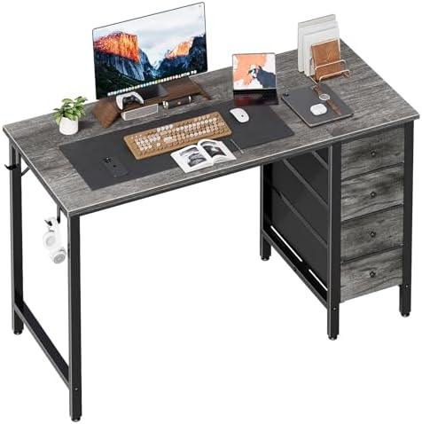 Lufeiya 47 inch Computer Desk with 4 Fabric Drawers, Writing Work Study Desk for Home Office Bedroom, Modern Simple Student PC Desks, Gray