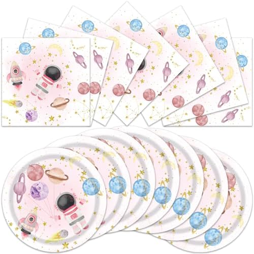 ACIYHN 40Pcs Outer Space Birthday Decorations Pink Moon Star Galaxy Planet Tableware Set Disposable Plates Napkins Serves 20 Baby Shower Two The Moon Birthday Girl Party Decorations