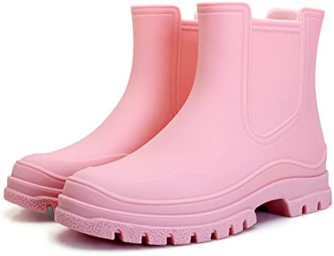 Hsttgsr Women&#39;s Rain Boots, Comfortable Elastic Adult Ankle Booties, Fashion Mid Heel Chelsea Boots, Waterproof Non-Slip Chunky Platform Lug Sole Short Garden Boots