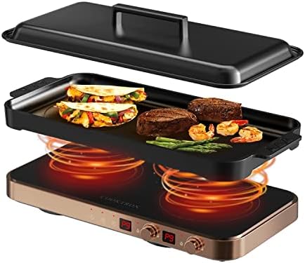 Portable Compact 2 Burner Induction Cooktop Electric Stove w\/Smokeless Cast Iron Griddle Grill &amp; Temperature Control &amp; Child Lock, Rose Gold