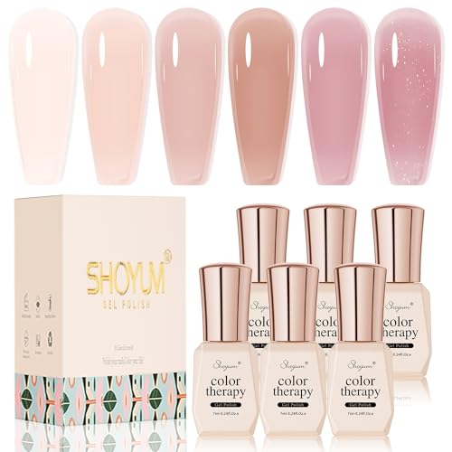 SHOYUM Jelly Nude Gel Nail Polish Set 6 Colors Neutral Sheer Light Pink Purple Gel Polish Kit Translucent Soak off Uv Nail Gel Diy Manicure 2024 New Nail Trend Nail Polish Gift