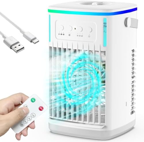 iFeiFan Portable Air Conditioners with Remote, 1500ml Water Tank, 3 Wind Speeds, 4-in-1 Portable AC with 6H Timer, 2 Cool Mist, 7 Lights, Personal Mini Air Cooler Fan for Room Bedroom Office (White)