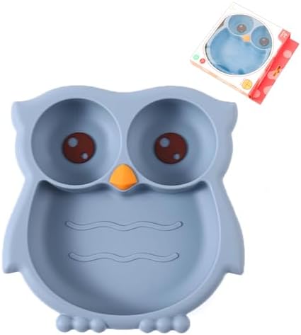 PandaEar Toddler Suction Plates, Stay Put Divided Baby Plates, Owl Shape BPA-Free 100% Food-Grade Silicone Unbreakable Baby Plate, Baby Feeding Supplies (Blue)