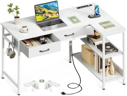 Coleshome 40 Inch L Shaped Computer Desk with 2 Drawers, Small Desk for Small Space, Home Office Table for Laptop Users, White