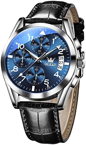 OLEVS Men&#39;s Casual Leather Watch, Big Face Chronograph Watch for Men, Fashion Easy to Read Dress Watch, Men&#39;s Waterproof Luminous Date Analog Watch, Gold\/Black\/White\/Blue Dial