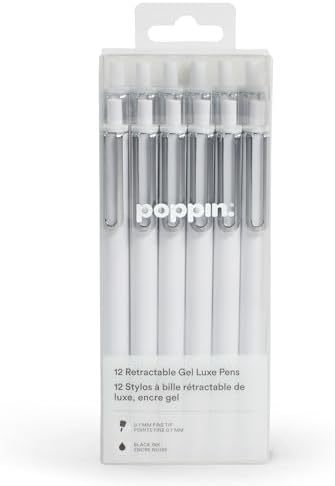 Poppin Stylish Retractable Gel Pens - Fine Point Pens with 0.7mm Tip, Smooth Writing Ink, Metal Clip, 12 Pack (White with Black Ink)