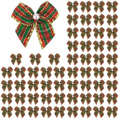 Meseey 60pcs Mini Buffalo Plaid Ribbon Bows with Pearl Red Green Gingham Ribbon Bows for Sewing, Scrapbooking, Wedding, Gift,Christmas Decoration (Red Green 72)