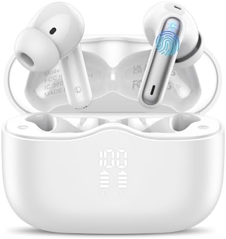 Wireless Earbuds, Bluetooth 5.4 Headphones in Ear with 4 ENC Noise Cancelling Mic, New Wireless Earphones HiFi Stereo Deep Bass 40H Playtime, In-Ear Bluetooth Earbuds LED Display IP7 Waterproof, White