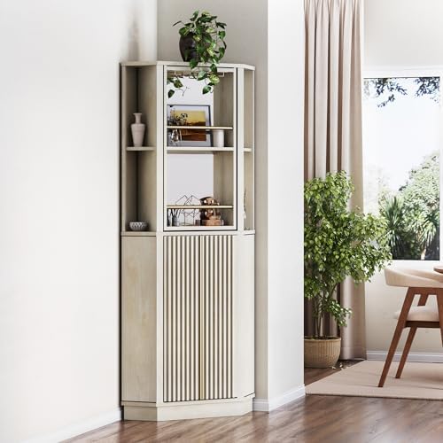 BELLEZE 68&#34; Tall Farmhouse Wine Cabinet with Rotating Wine Rack, Corner Bar Cabinet, Modern Home Bar Liquor Storage Cabinet for Dining Room, Living Room &amp; Kitchen - White Sand