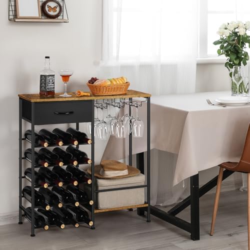 OYEAL Wine Rack Freestanding Floor, 5 Tier Display Wine Storage Shelves with Glass Holder &amp; Fabric Drawer, 20 Bottles Liquor Cabinet Bar Stand for Home Bar, Kitchen Living Room, Rustic Brown