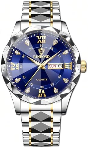 Gosasa Luxury Men&#39;s and Women&#39;s Business Diamond Stainless Steel Waterproof Roman Numeral Analog Quartz Watch with Day-Date Calendar, Gold and Silver Tone