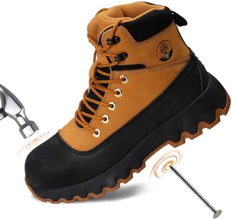 Peeldicou Mens Composite Toe Work Boots Genuine Leather Rubber Sole No Slip Waterproof Shoes Industrial &amp; Construction Safety Boots