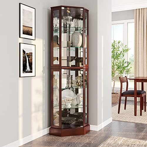 BELLEZE Lighted Corner Display Curio Cabinet,72&#34; Tall Wooden Curved Shelving Unit with Tempered Glass Door, Bar and Liquor Storage Area with 6 Shelves - Ashfield (Walnut)