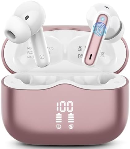 Wireless Earbuds, Bluetooth 5.4 Headphones in Ear with 4 ENC Noise Cancelling Mic, New Wireless Earphones HiFi Stereo Deep Bass 40H Playtime, In-Ear Bluetooth Earbuds LED Display IP7, USB-C, Rose Gold