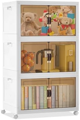 TUKAILAi 3 Tier Collapsible Storage Bins Max 105QT Stackable Organizer Boxes with 4 Wheels &amp; Double Door Plastic Containers for Home and Office (White)