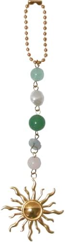 Sun Hanging Car Charm Gold and Green Dangling Rear View Mirror Accessories, Cute Boho Handmade Healing Natural Crystals Stones Car Ornaments Decor Gifts (Green)