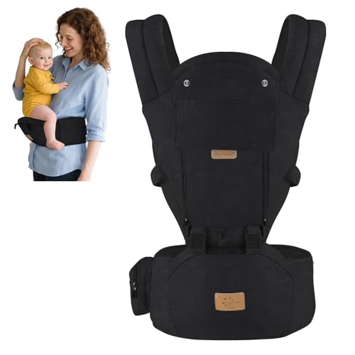 FRUITEAM 6-in-1 Baby Carrier with Hip Seat for Breastfeeding, All Seasons, All Position Adjustable Baby Chest Carrier with Lumbar Support, Adapt to Newborn, Infant &amp; Toddler (Cool Black)