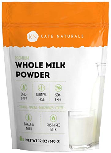Kate Naturals Dry Whole Milk Powder for Baking, Coffee &amp; Milkshakes (12oz) RBST-Free, Made in USA, Dried Powdered Substitute For Liquid Milk