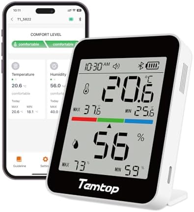 Temtop Humidity Meter T1, Indoor Thermometer for Room Temperature, Bluetooth Hygrometer with Notification Alerts, Data Export, Digital Gauge for Home, Office, Greenhouse, Garage, Baby Nursery, Gift
