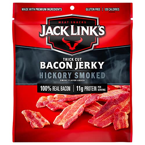 Jack Link&#39;s Bacon Jerky, Hickory Smoked - Flavorful Ready to Eat Meat Snack with 11g of Protein per Serving, Made with 100% Thick Cut Real Bacon, Protein Snack, Keto Friendly, 2.5 oz.