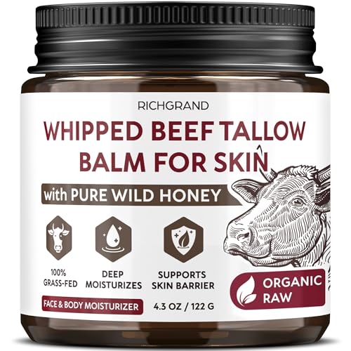 Beef Tallow for Skin \u2013 Whipped Tallow and Honey Balm with Grass-Fed Beef Tallow \u2013 Organic Daily Tallow Face Moisturizer &amp; Body Balm \u2013 Deep Nourishment for Dry, Cracked, Sensitive Sk