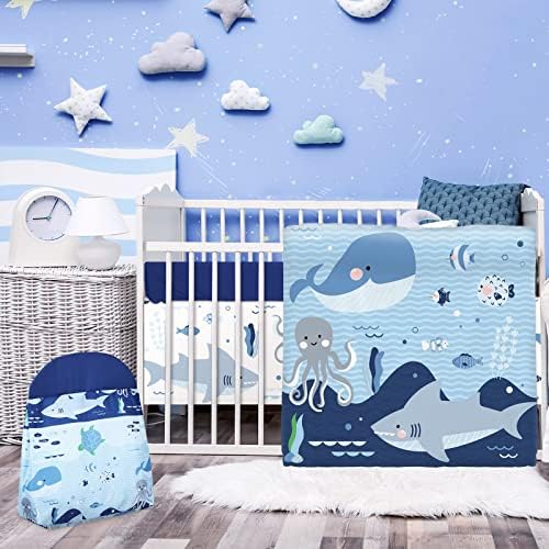 Rtteri 4 Pieces Baby Crib Bedding Set, Nursery Bedding Standard Size Soft Baby Bedding Set Including Crib Skirt, Blanket, Sheet and Diaper Stacker for Girls and Boys(Whale)