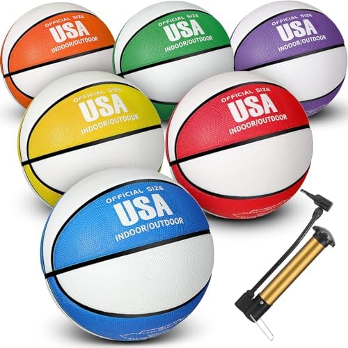 Libima 6 Pcs Official Basketball Indoor Outdoor 2 Color Printed Rubber Basketball with Pump for Game Practice Training Kids Adults Back to School