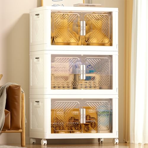 pioncrey Storage Bins with Lid 76QT, Stackable Storage Containers with Wheels and Magnetic Doors, Plastic Clothes Closet Organizers and Storage Box for Pantry, Home and Office (3 Pack)