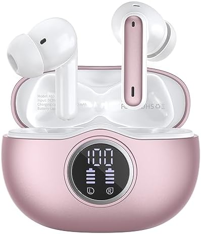 Wireless Earbuds Bluetooth 5.3 Headphones 40 Hrs Playtime with LED Display, Deep Bass Stereo and Noise Cancelling Bluetooth Ear Buds IP7 Waterproof Wireless Earphones for iPhone Android, Rose Gold