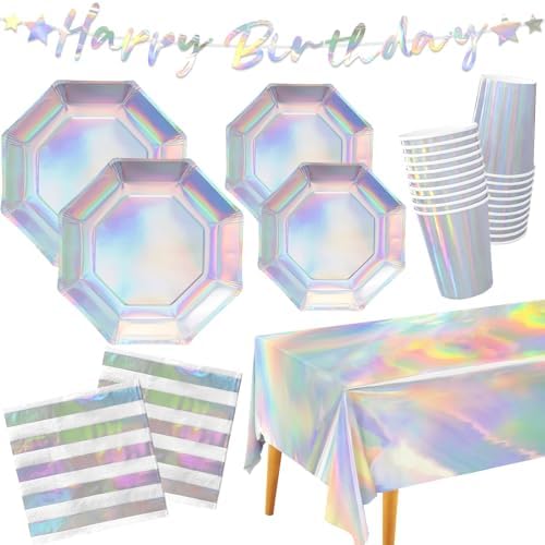 Iridescent Party Supplies - Disposable Paper Plates, Cups, Napkins, Tablecloth &amp; Banner - Ideal for Mermaid Themed Events &amp; Birthday or Wedding Party Decoration - Serves 25