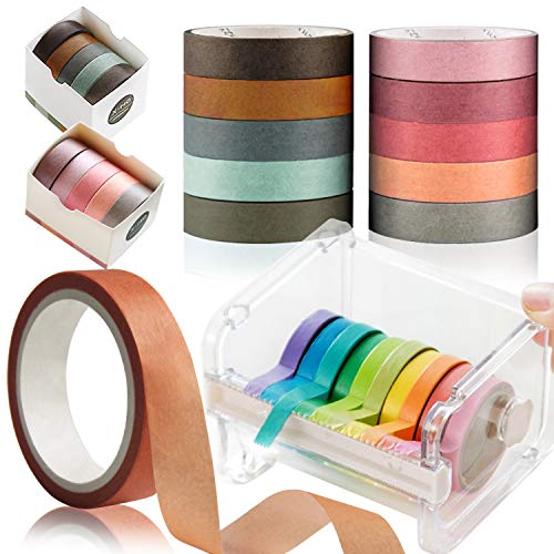 Kalolary 10 Roll Colorful Masking Paper Tapes, Masking Tape Set with Washi Tape Dispenser Cutter Writable Tape Roll Office Desktop Transparent Tape Holder Organizer (Cream-Colored)