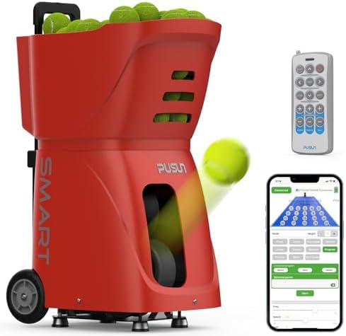 PUSUN PT-Smart Professional Tennis Ball Machine - Smart APP Control, 75MPH Max Speed, 20 Landing Points &amp; 12 Modes, Portable Auto Tennis Server with TopSpin\/Backspin (4-6H Battery, 100+ Balls)