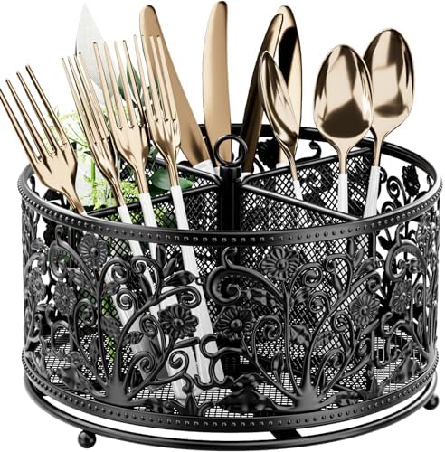 YIUKEA 360° Rotating Utensil Caddy - Silverware Cutlery Caddy Holder with 4 Compartment, Metal Flatware Organizer Countertop with Handle for Party Camping Picnic, Kitchen Counter, Office (Black)