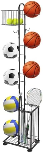 FAGIGY 7 Tier Ball Storage Rack, Basketball Holder, Garage Sports Equipment Organizer with Basket &amp; Hooks, Basketball Rack for Indoor\/Outdoor, Ball rack for Basketballs Footballs Volleyball, Blac