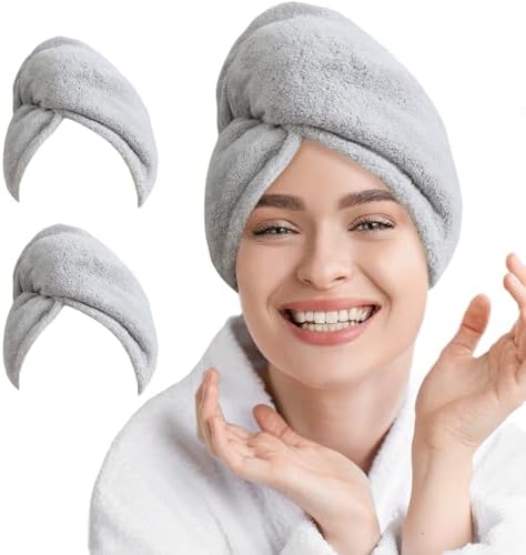 AGLIFEFY 2 Pack Microfiber Hair Towel Wrap for Women Super Absorbent Quick Dry Hair Turban for Drying Curly, Long &amp; Thick Hair 10 inch X 26 inch Lightgrey+Lightgrey